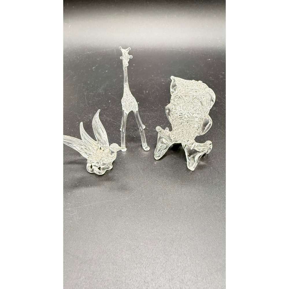 Vintage Spun Glass Animal Figurine Trio Giraffe Owl Bird Hand Blown Clear Art